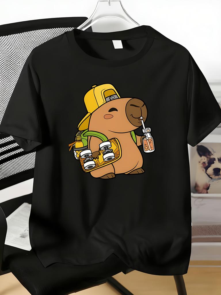 Unisexs Tee Cute Capybara Skateboard Drink Cartoon Print Cotton Short Sleeve Male Casual Streetwear Outdoor Daily Basic Fashion Top