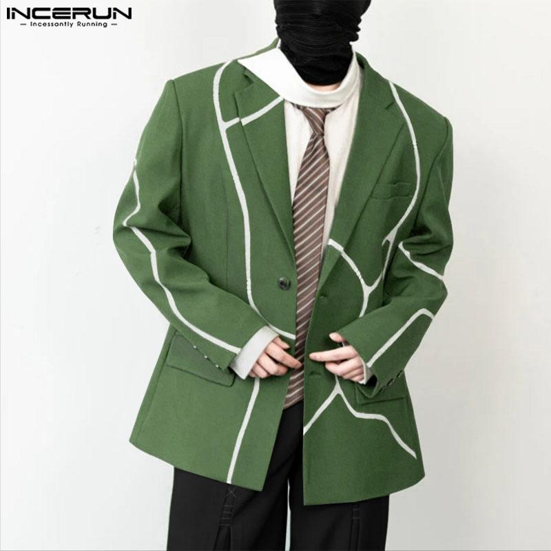 INCERUN Spring Autumn Men Lapel Neck Long Sleeve Button Print Thin Blazer Coats