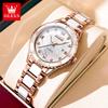 OLEVS 9985 Elegance Dámské Originální Quartzový Strojek Hodinky Keramická Ocel Okénko s Datem Diamantové Svítící Vodotěsné Hodinky