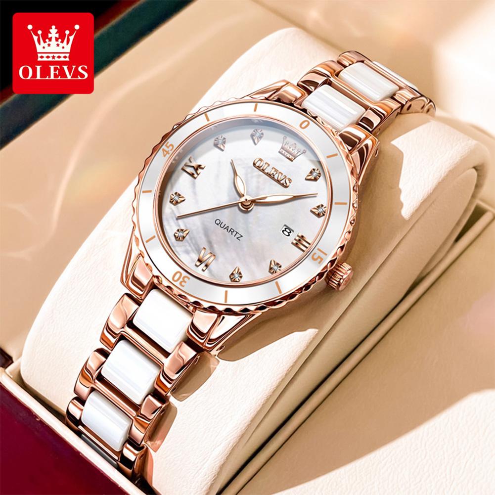 OLEVS 9985 Elegance Dámské Originální Quartzový Strojek Hodinky Keramická Ocel Okénko s Datem Diamantové Svítící Vodotěsné Hodinky