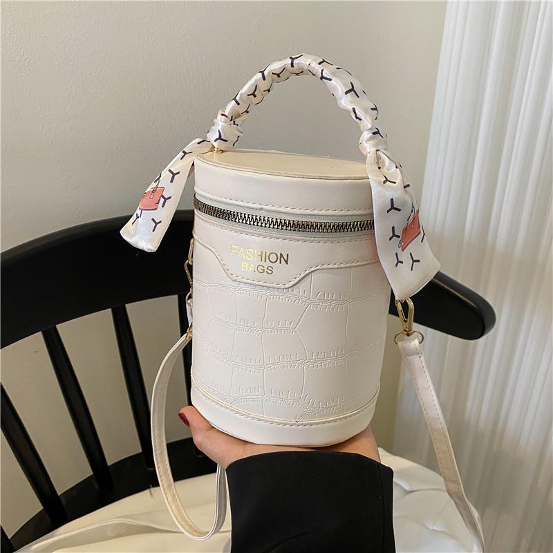 Cylinder Small Bag Women's 2025 New Crocodile Pattern Fashionable and Simple Handbag Silk Scarf Messenger Bag