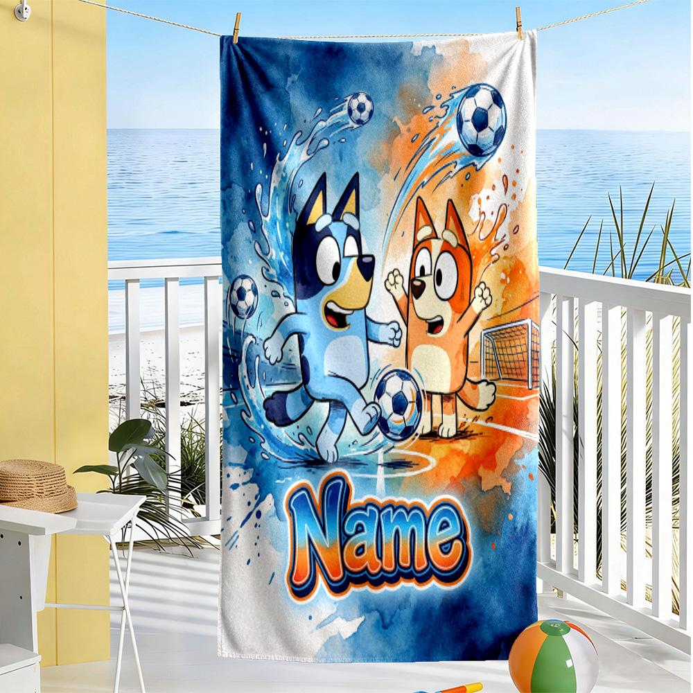 Soccer Fun Bluey Personalized Name Beach Towel Super Soft & Absorbent Ideal for Travel Outdoor Swim Pool Yoga Surf Camping Hiking Gym Gift Holiday