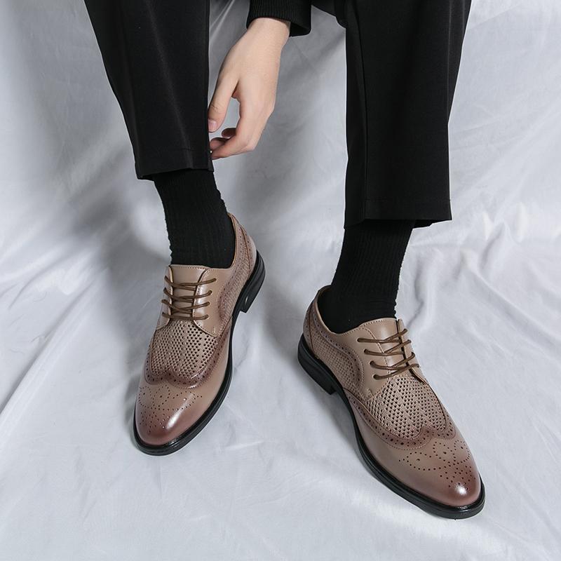 Derby Shoes Men PU Splicing Hollowed Out Lace Up Block Carved Breathable Professional Wear-resistant Business Formal Men Shoes