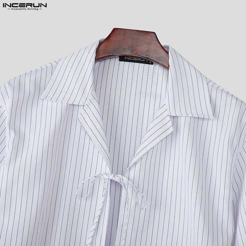 INCERUN Men Lapel Neck Short Sleeve Striped Lace-up Casual Loose Oversized Shirts