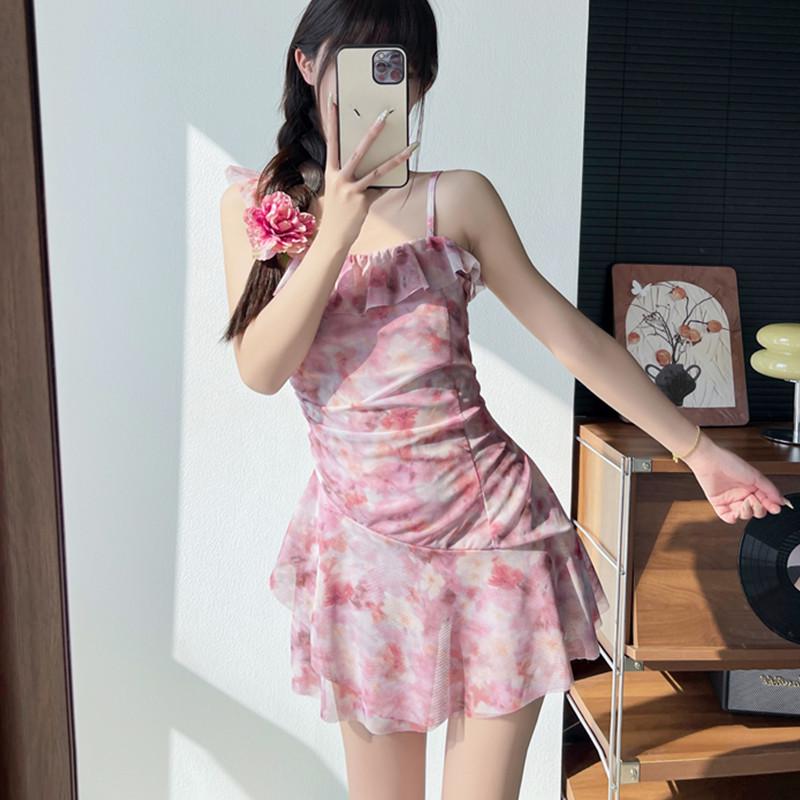 Fairy-Inspired Skirt One-Piece Swimsuit with Straps: Ink Style, French Elegance, Beach-Ready