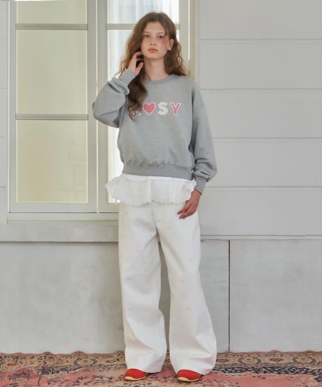 Ronron Ribbon Pattern Wide Denim Pants White