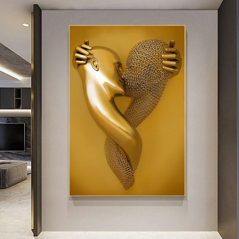 Abstract Gold Metal Figure Statue Minimalist Wall Art Print Canvas Painting Posters for Living Room Modern Home Decor