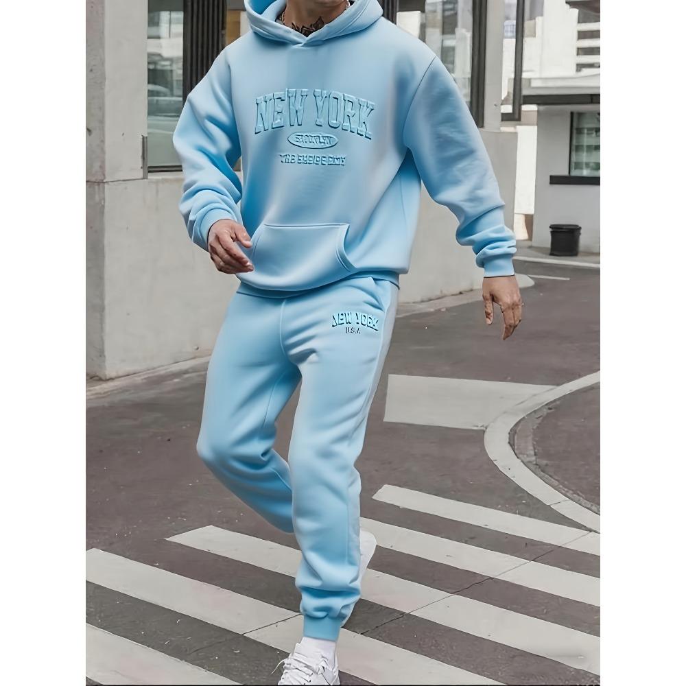 Men's Autumn and Winter Casual Fashion Two-piece Set, Hooded Long Sleeved Sweatshirt and Pants with New York Embossed Print