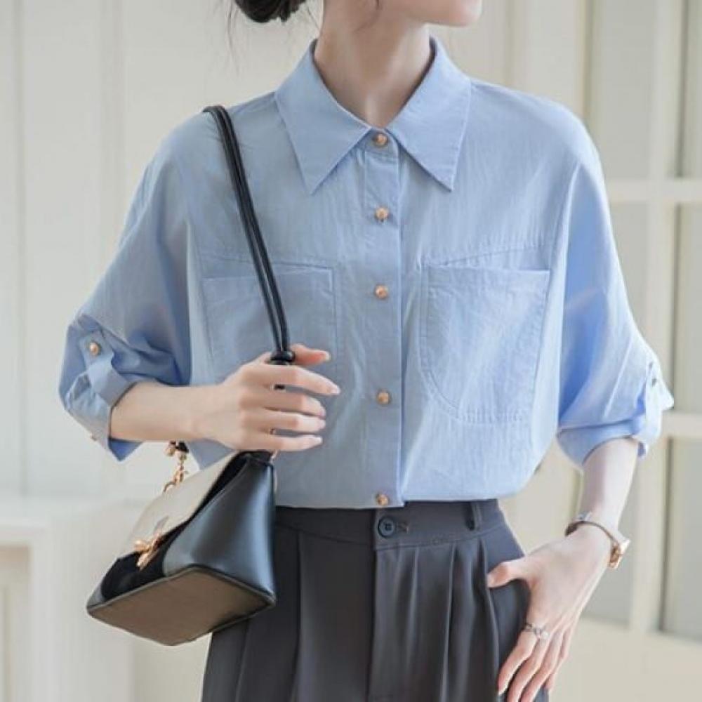Navava Women Casual Retro Short Sleeve Collar Shirt Nb2807