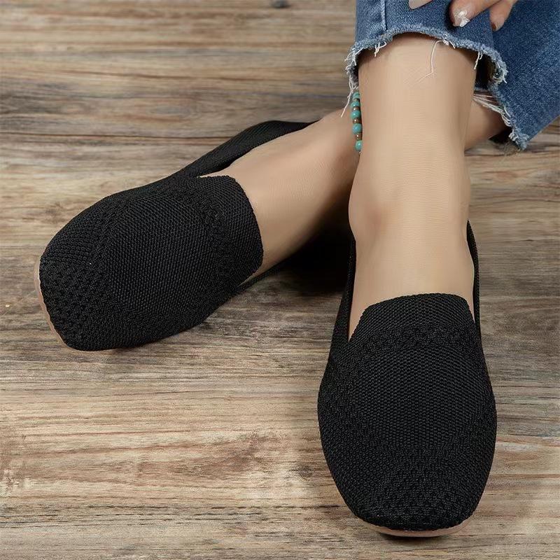 Sommer Ny Stor Firkantet Tå Flat Flat Flat Flyknit Enkeltsko for Kvinner, Fritidssko for Én Fot