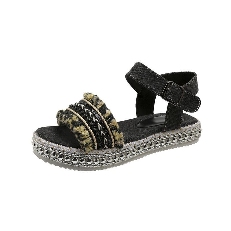 

Ethnic style sandals 2025 summer new bohemian retro denim soft-soled Roman sandals foreign trade women s shoes 35 чорний