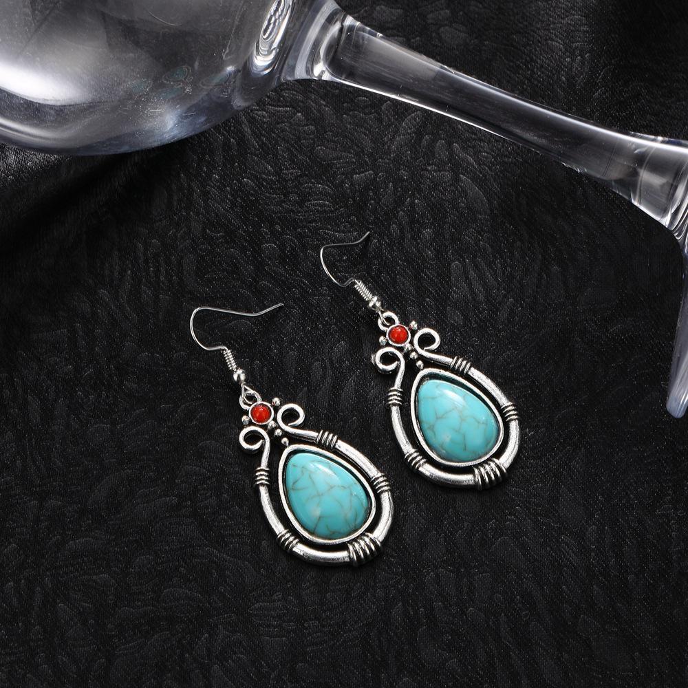 Eco-Friendly Earrings Retro Water Drop-Shaped Wooden Earrings Turquoise Earrings Direct Sales