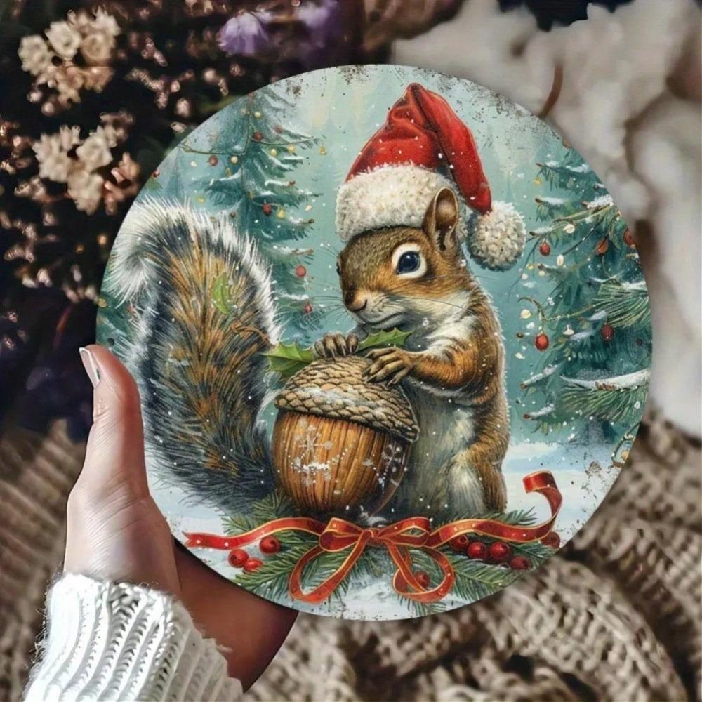 Vintage Christmas Squirrel 8x8 Inch Embossed Metal Tin Sign Wall Art Home Decor