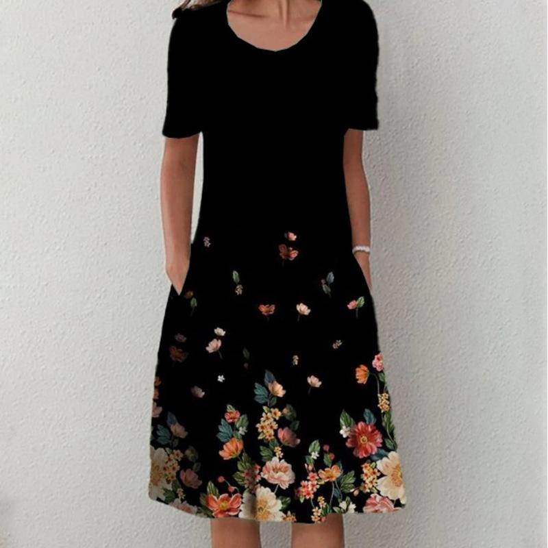 Spring and Summer Floral Print Crew Neck Pocket Women's Fashion Casual Crew Neck Trend Print Medium and Long Dress