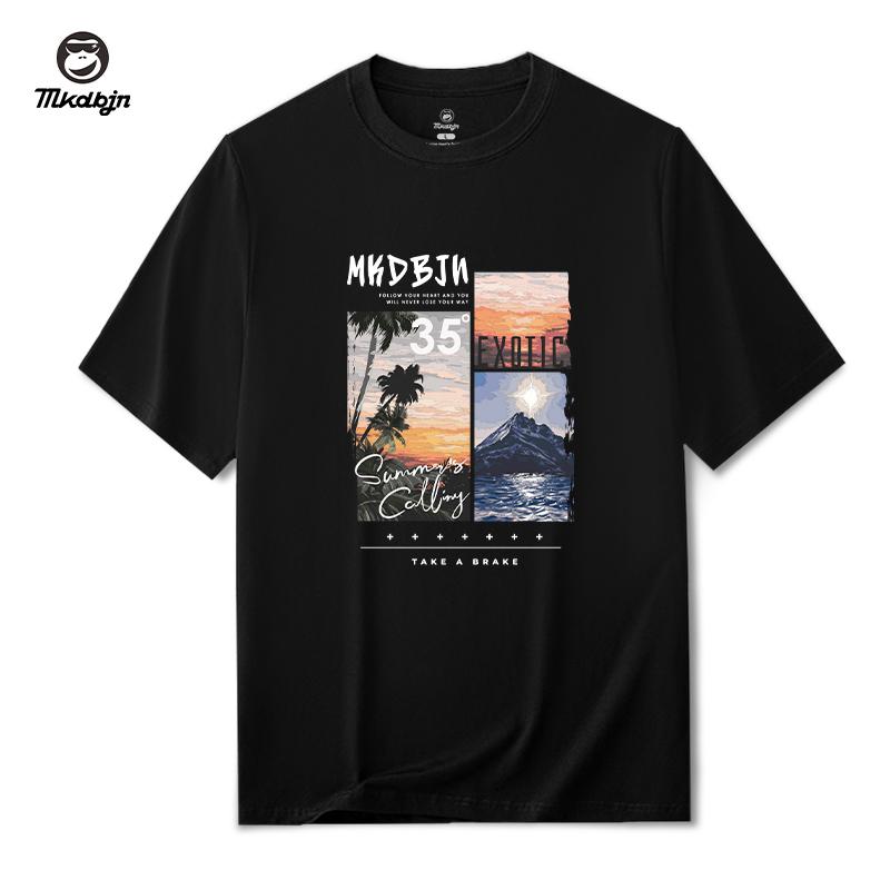 

Trendy Casual Tshirt Mens Shortsleeved Summer New Style American Street Landscape Pattern Black Roundneck Couple Shoulder S