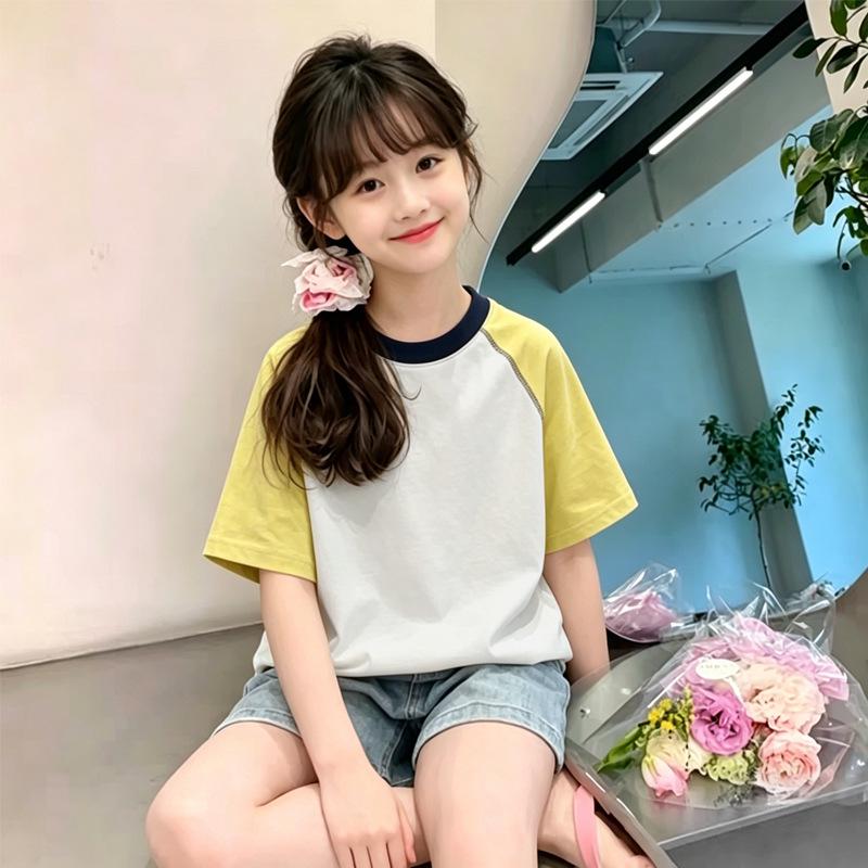 Korean Style Patchwork Cotton Short Sleeve T-Shirt for Girls - Summer New Arrivals