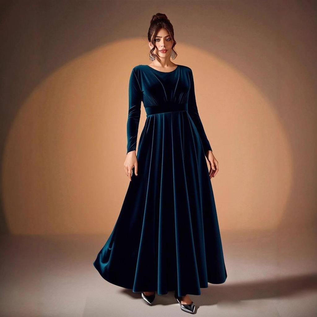 Plus Size Women's Gold Velvet Pleated Evening Gown, Long Sleeve Dress (2026 Collection)