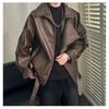 Mens Vintage PU Leather Jacket Double Lapel Casual Biker Style Loose Fit Short Length Young Adults