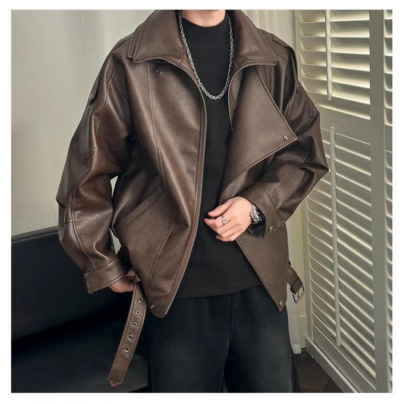 Mens Vintage PU Leather Jacket Double Lapel Casual Biker Style Loose Fit Short Length Young Adults