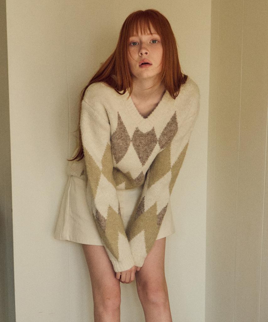 Wednesday Oasis For Woman Always Crop Argyle Hairy Wool Knit 2 Colors