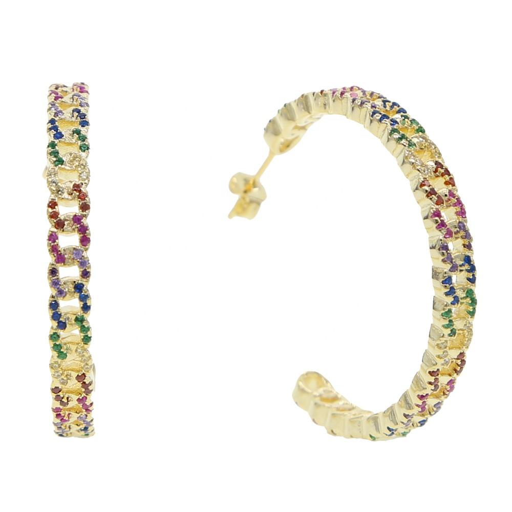 Promotion Gold Plated Fashion Women Jewelry Micro Pave 5A Colorful CZ Rainbow Miami Cuban Hoop Stud Earring