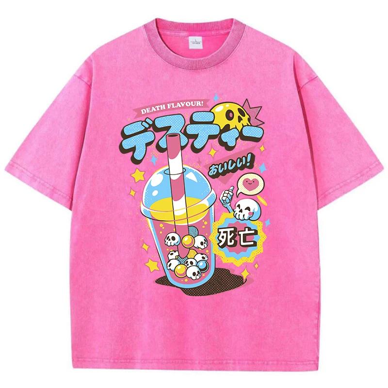 Fashion Woman Washed T-Shirts Funny Skull Drink Printing Short Sleeve Cotton Distressed Oversize Crewneck Tops Street Clothes