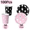 Halloween Ghost Party Supplies Disposable Tableware Set Pink & Black 7inch Plates Paper Cups for Kids Girls Birthday Celebration