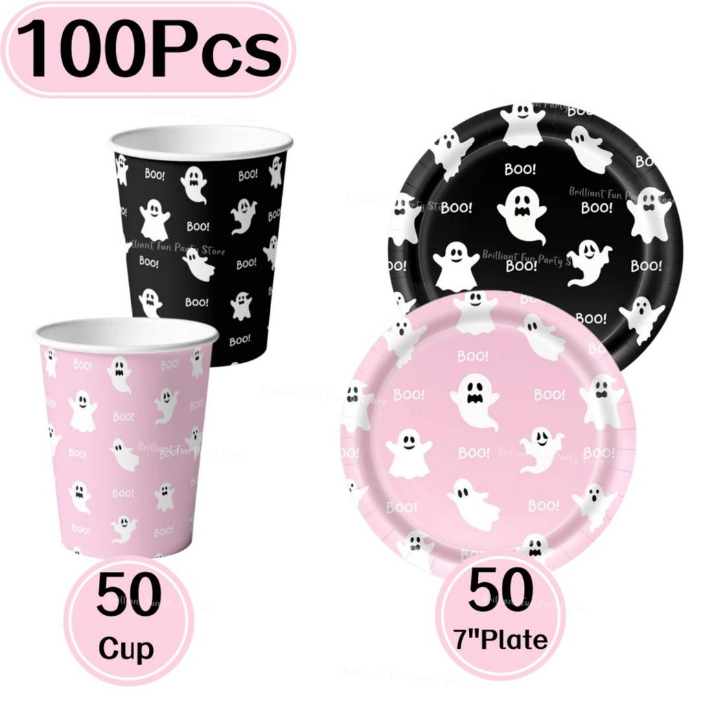 Halloween Ghost Party Supplies Disposable Tableware Set Pink & Black 7inch Plates Paper Cups for Kids Girls Birthday Celebration