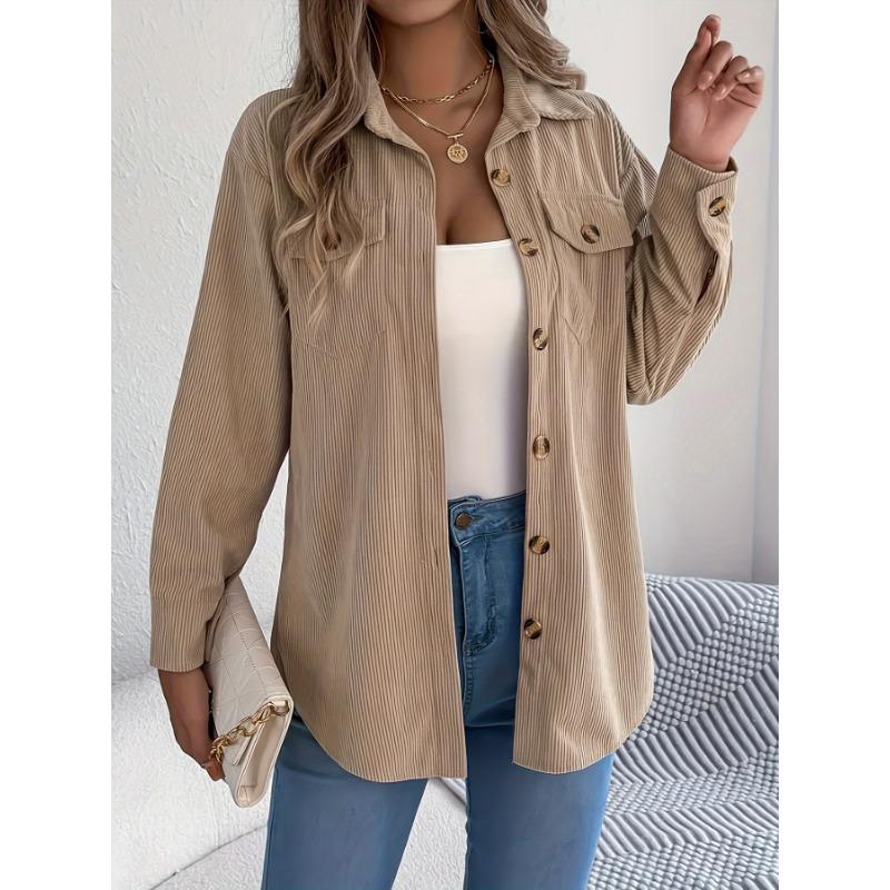 Women's Elegant Non-Stretchy Corduroy blouse - Formal Everyday Chic Shirt in, Button-Front Placket, All-Season Women's Clothing, Casual Outfits