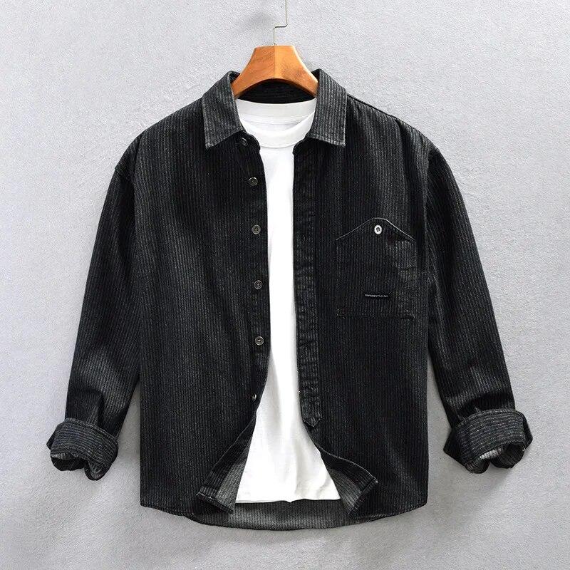 

Новое поступление джинсовых рубашек для мужчин, весна и осень, молодежная уличная одежда, свободные повседневные рубашки, полосатая рубашка с длинными рукавами 4XL, модные джинсовые мужские топы 4XL чёрный