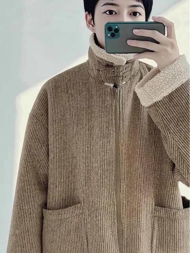 Men's Retro Cool Lambswool Cotton Jacket with Fleece Lining, Thickened Woolen Coat, Warm Turn-Down Collar