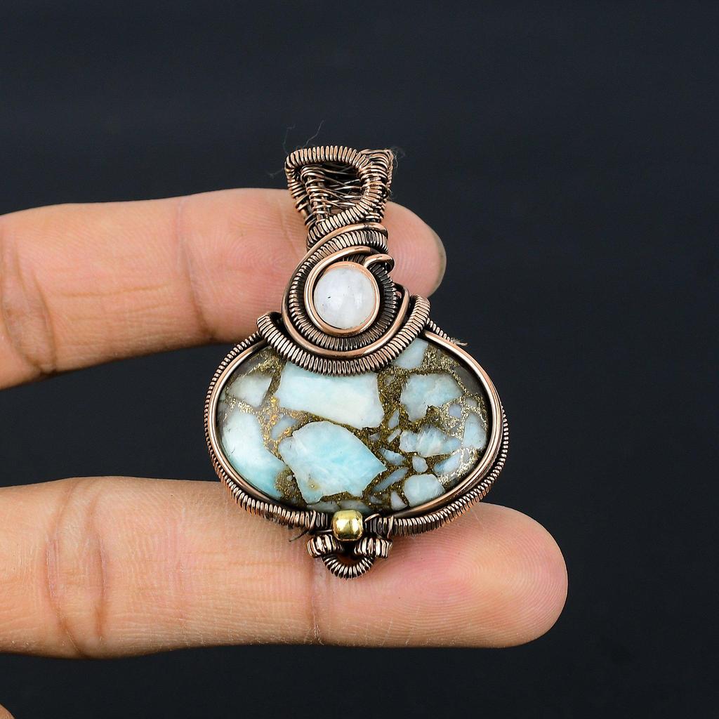 Copper Larimar Pendant Gemstone Handmade Jewelry, 999 Copper Wire Wrapped Pendant, Gift For Wife Jewelry