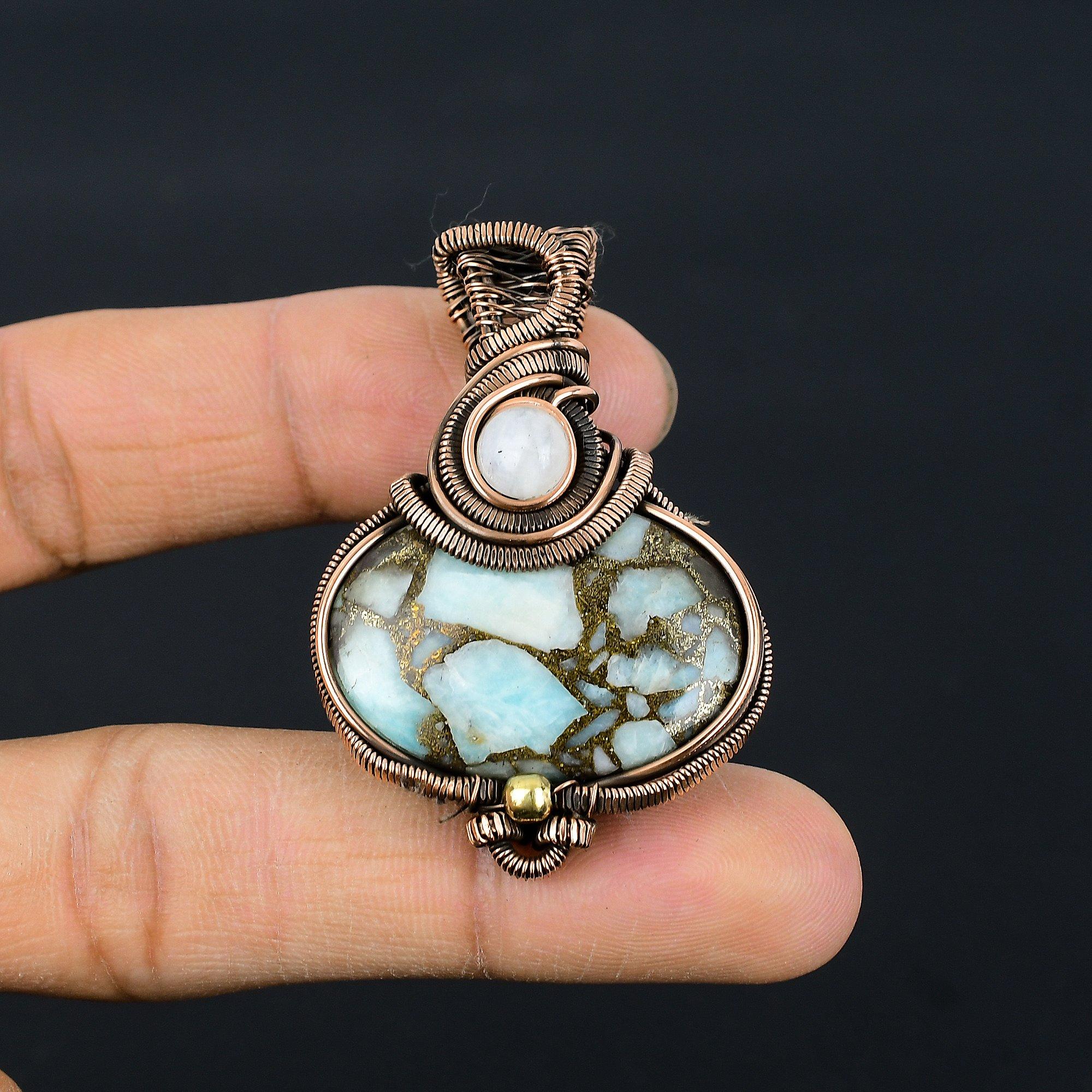 

Copper Larimar Pendant Gemstone Handmade Jewelry, 999 Copper Wire Wrapped Pendant, Gift For Wife Jewelry 2.55 Inches