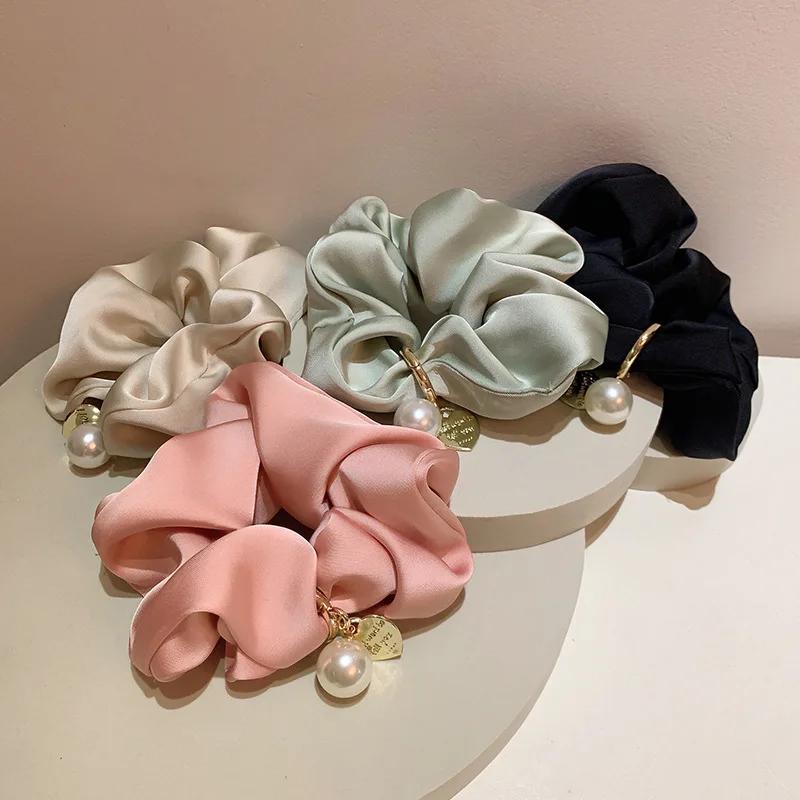 1pcs Vintage Satin Silk Solid Scrunchies for Hair Girls With Gold Heart Pearls for Women Hair Accessories Hairties