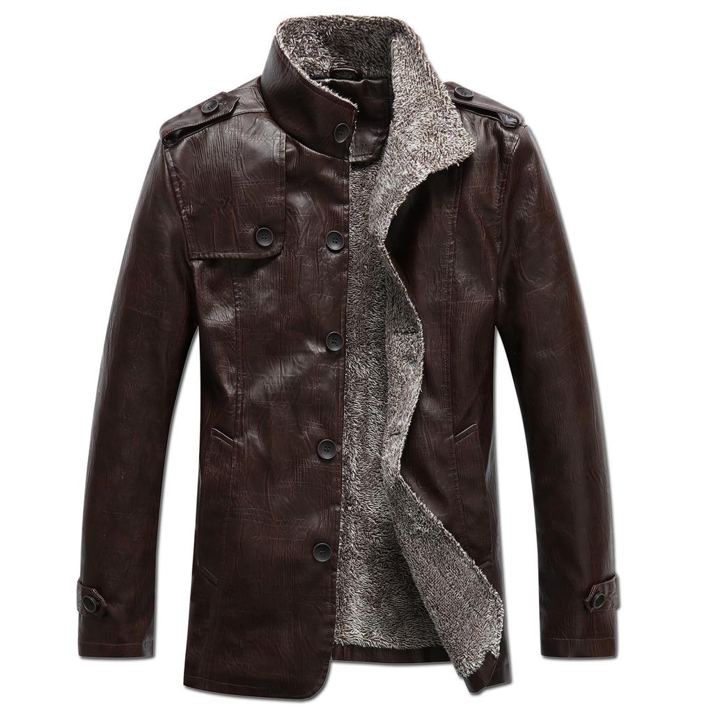 Winter Coat Men Jackets PU Casual Stand Collar Thick Warm Velvet Windbreaker Coat
