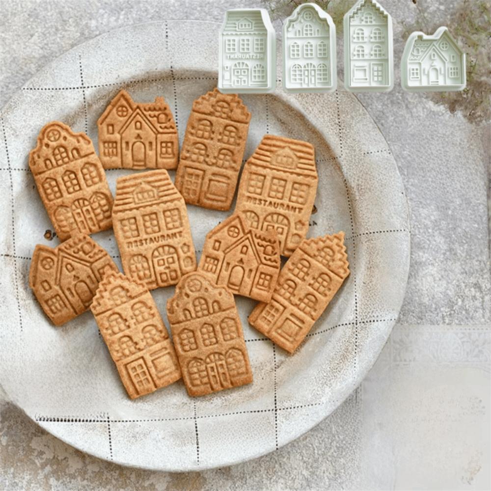 4-teiliges 3D-geprägtes Weihnachtsbäckerhaus Keksausstecher Einfaches Entformen Federdruck-Design Keksform Grüner Kunststoff