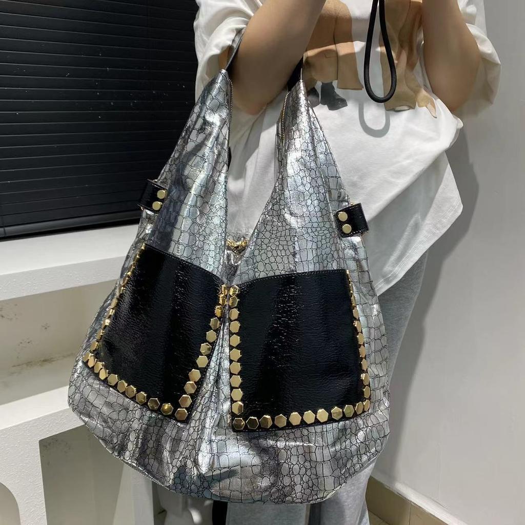 Women'S Vintage Splicing Tote Bag Large Capacity Trend Commuter Shoulder Bag