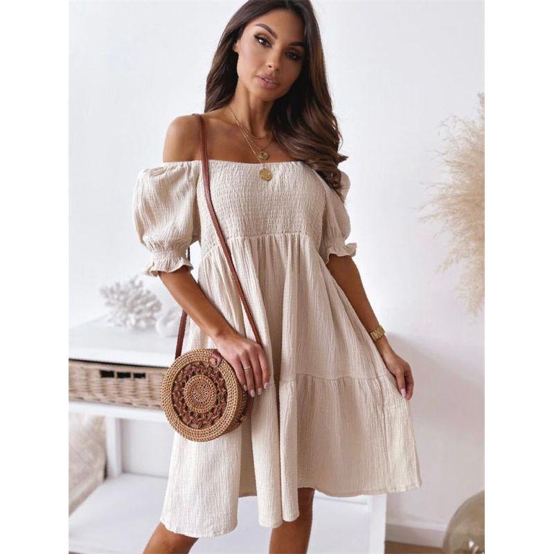 Short White Sweet off-Shoulder Collar Elastic and Waisted Ruched A- line Short Sleeve Dress Girl's Dress Dress