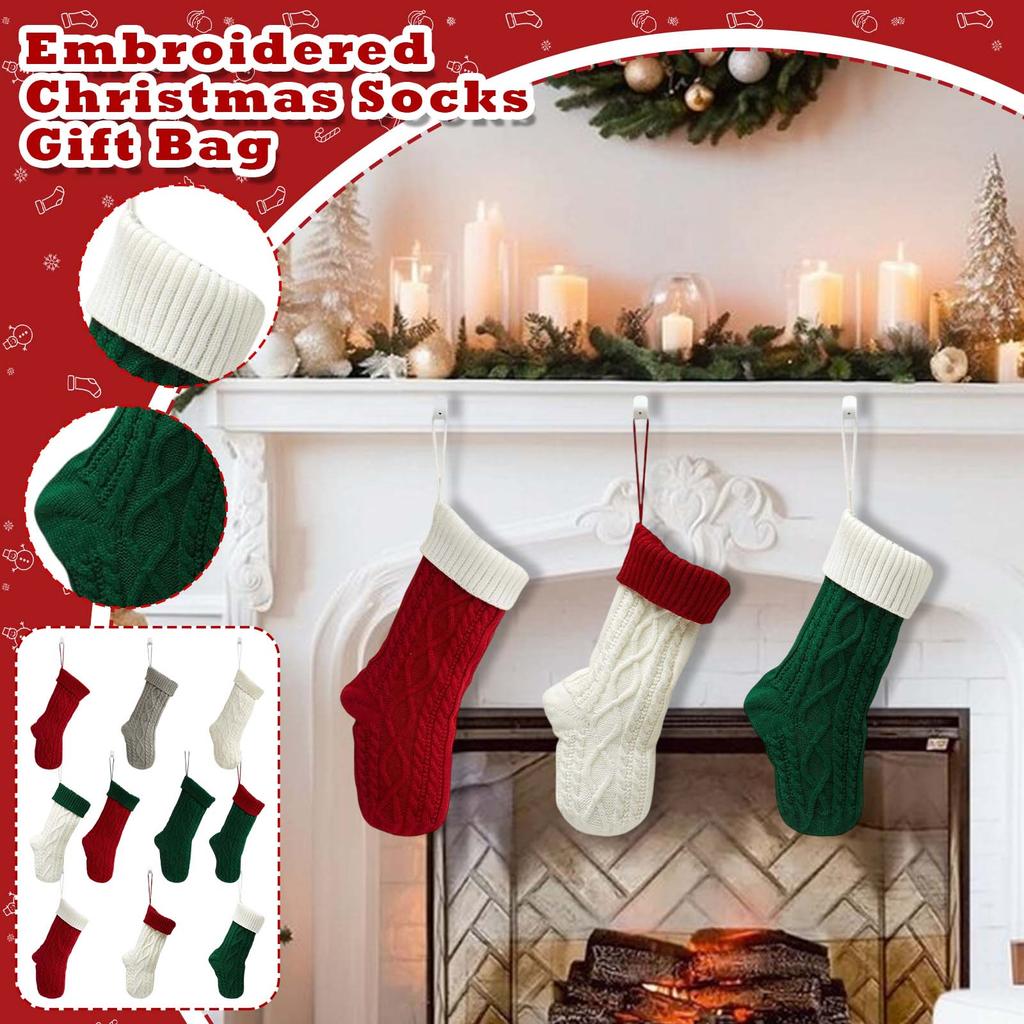 Colorblocked Thick Wool Knitted Christmas Tree Ornaments Pendants Can Be Embroidered Christmas Stockings Gift Bags