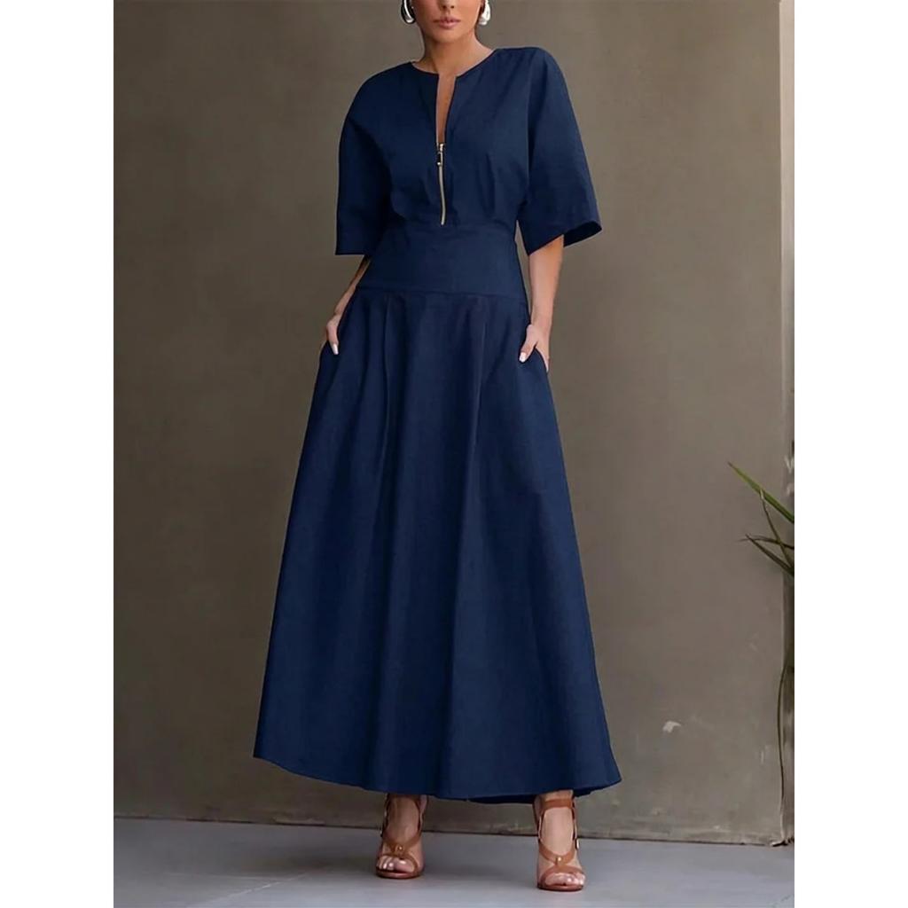 Women's Solid Color Short Sleeve Maxi Swing Dress Casual Fashion Summer Dress for Women