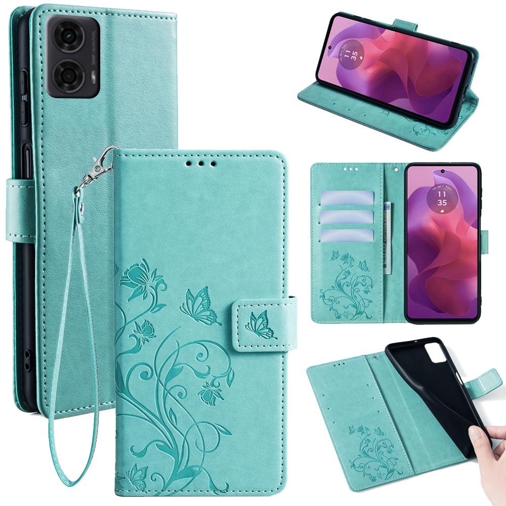 Für Motorola Moto E14 4G/G04 4G/G04s 4G/G24 4G Lederhülle Brieftasche Kartenfächer Schmetterling Blume Handyhülle mit Riemen