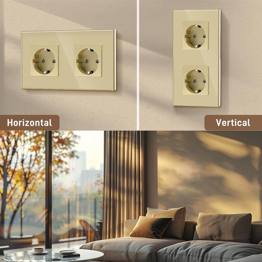 Złoty Panel Ze Szkła Hartowanego Okrągłe Rosyjskie Gniazdko Ścienne 16A – Ukryty Design