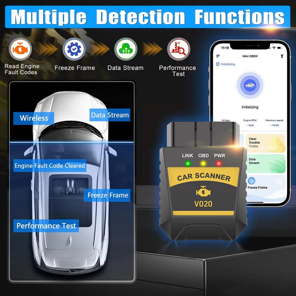 V020 Bluetooth-compatible OBD2 Scanner ELM327 Car Diagnostic Tool Battery Tester Engine Fault Code Reader