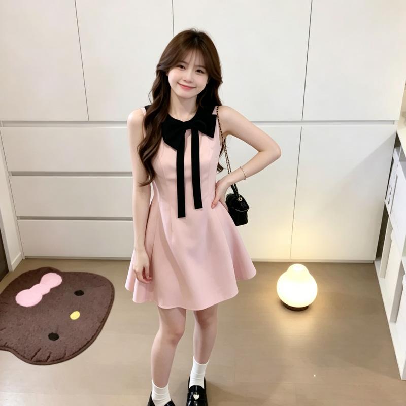 French Daughter Style Pink Dress Children's Sleeveless Neck Bow Short Skirt Princess Style Birthday Temperament Dress