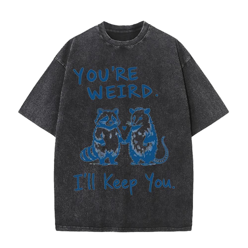 2026 Vintage Washed Beige Raccoon Opossum Hand Hold Heart Graphic T Shirt Funny Couple Slogan Print Oversized Unisex Casual Shor
