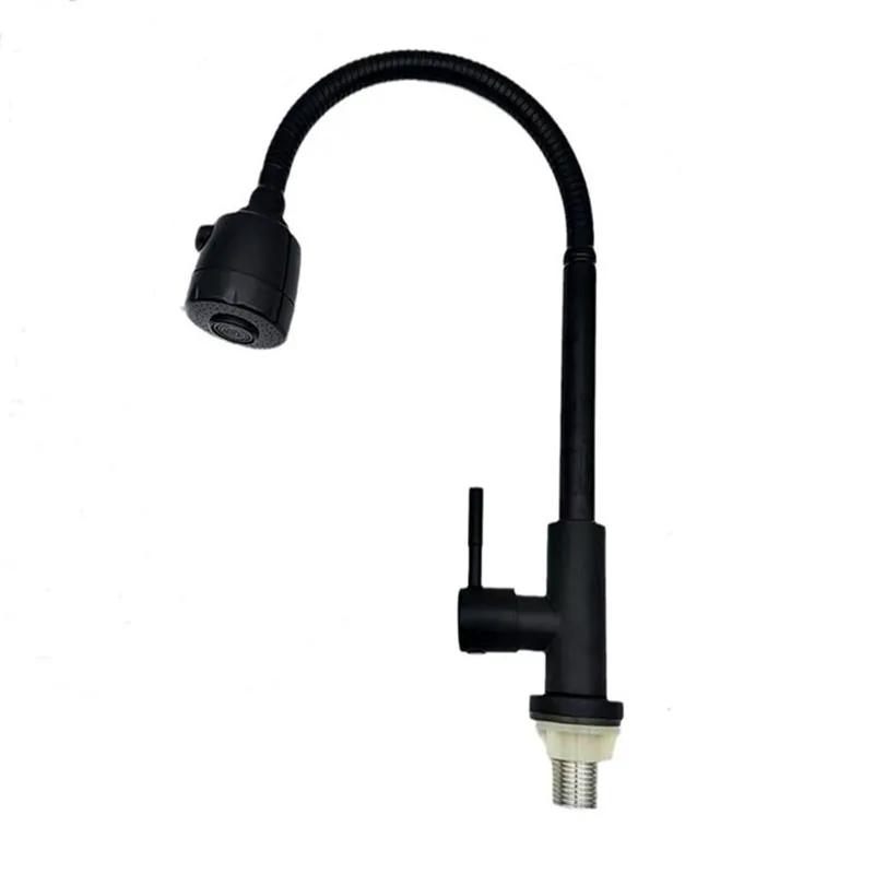 Single Cold Water Kitchen Faucet 304 Stainless Steel Single Handle Black Color Deck Mounted Sink Water Tap for Bathroom