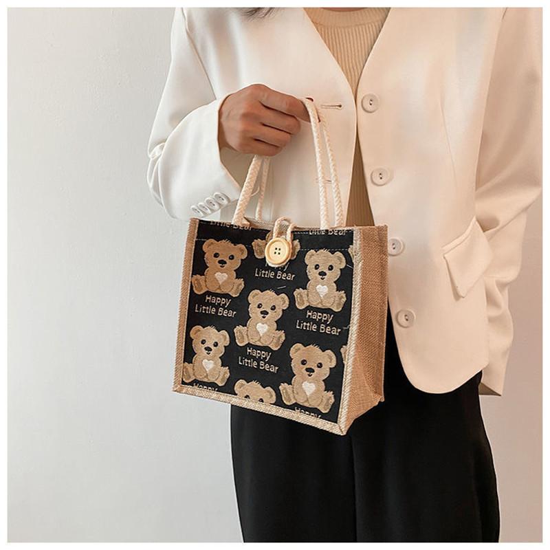 

Japanese Bear Pattern Printed Linen Student Tote Bag Small Shoulder Bag Shoulder Bag Shopping Bag KTY чорний