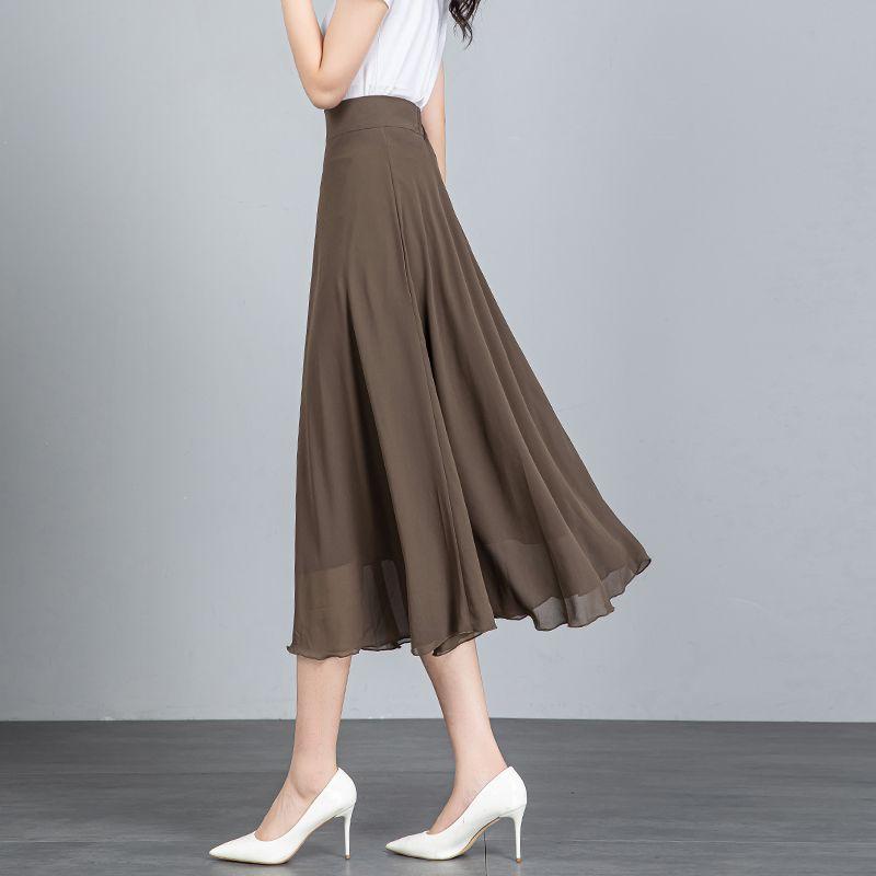 

Летняя новая однотонная юбка из шифона светло-коричневого цвета, миди, А-силуэта, с большим воланом, женская юбка до колена S
