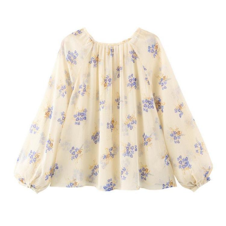Women Elegant Floral Print Semi Transparent Shirt Spring Summer Style