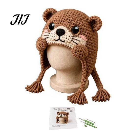 Creative Hobby for Adults Animal Hood Hat Crochet Kit, DIY Earflap Holiday Gift Idea Cute Craft Kit Beginners, Handmade Winter Headwear Complete Yarn